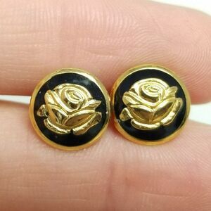 Vintage Gold Tone Rose Flower Stud Earrings, Black Background, Round, Estate